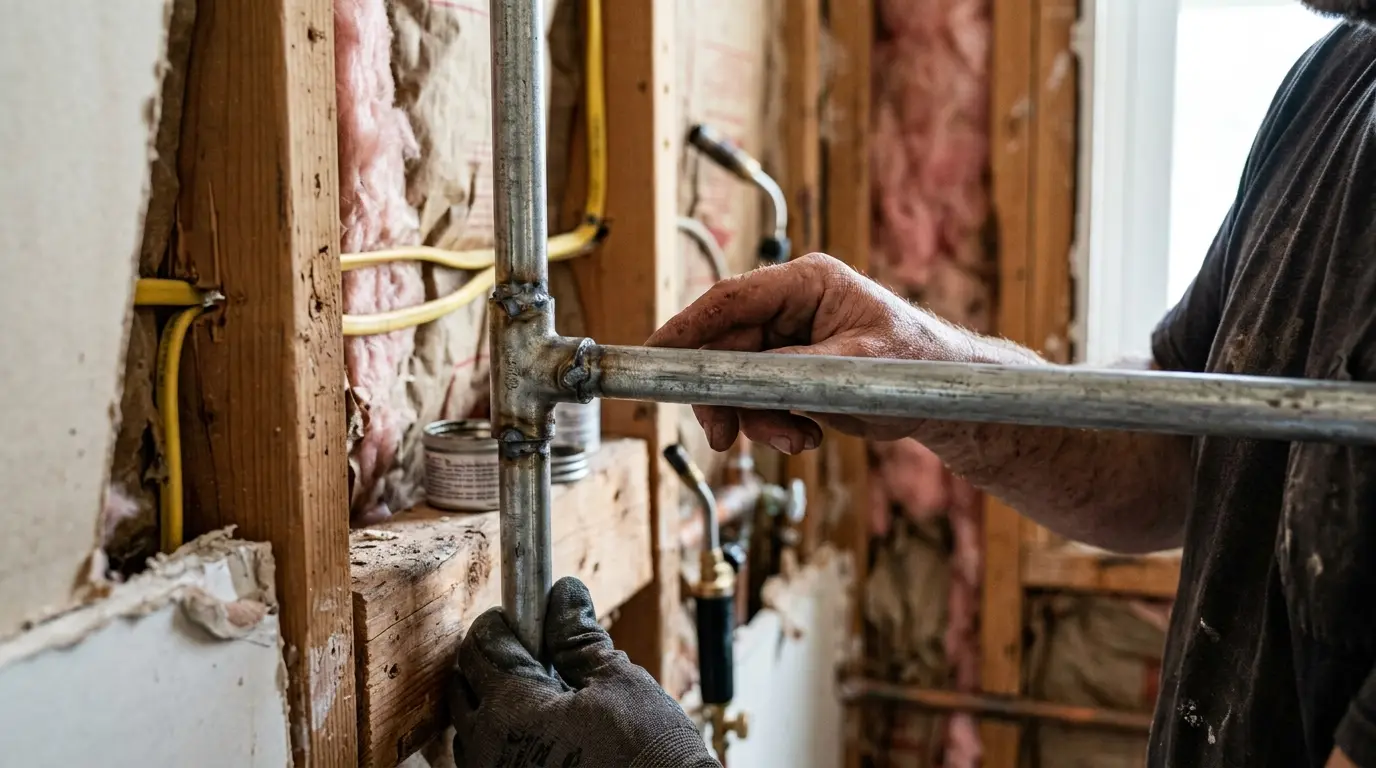 Close-up of a plumber's hands fitting steel supply pipes together inside a wall cavity