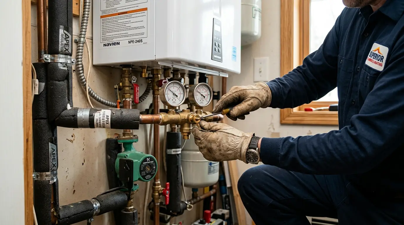 Technician's hands adjusting the controls and gauges on a water heating system