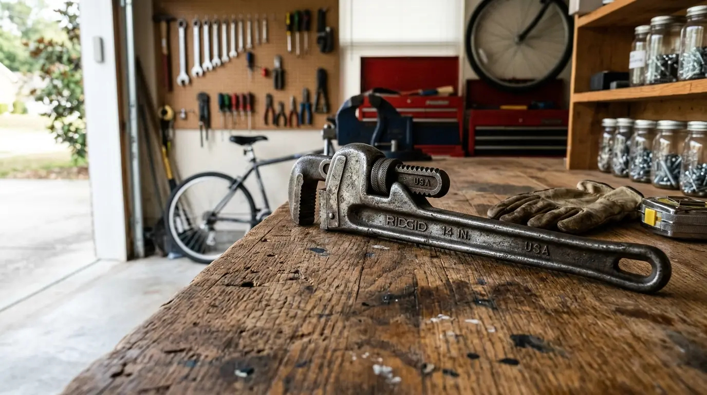 Heavy metal plumber's wrench resting on a wooden workbench surface
